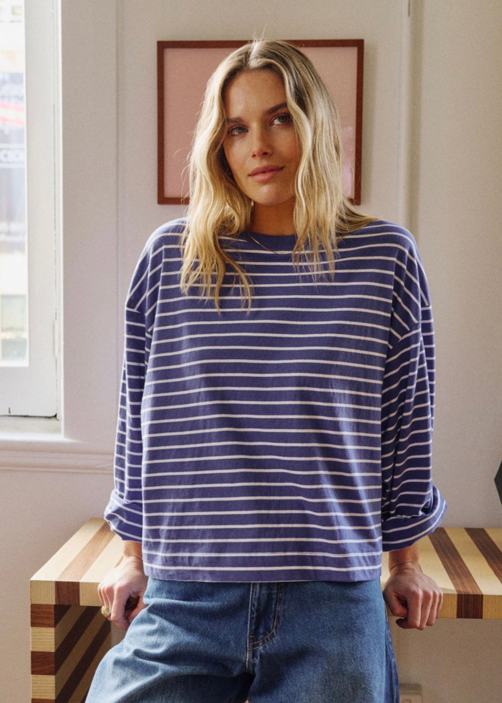 Beau Long Sleeve Slouchy Tee ~ Polo Blue/White