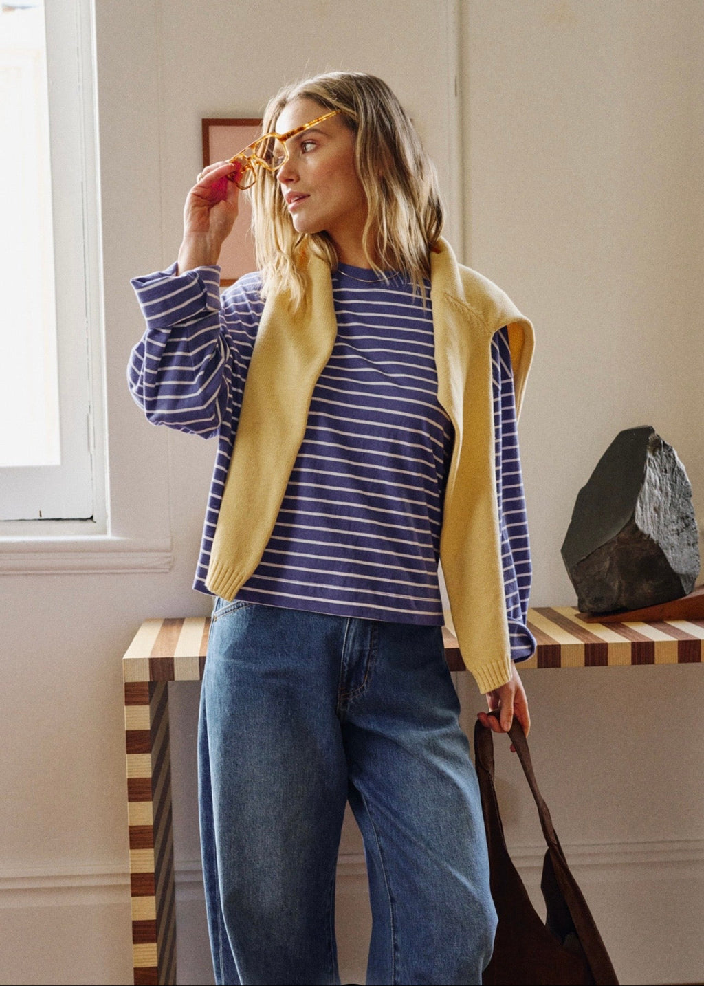 Beau Long Sleeve Slouchy Tee ~ Polo Blue/White