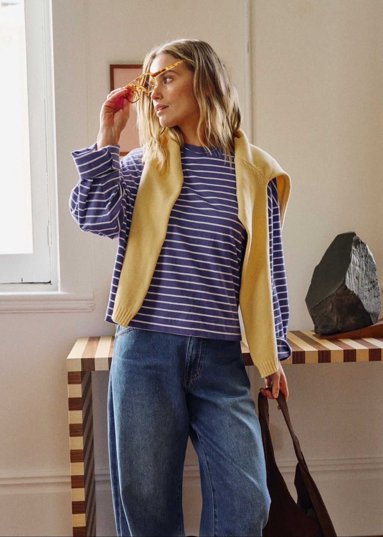 Beau Long Sleeve Slouchy Tee ~ Polo Blue/White