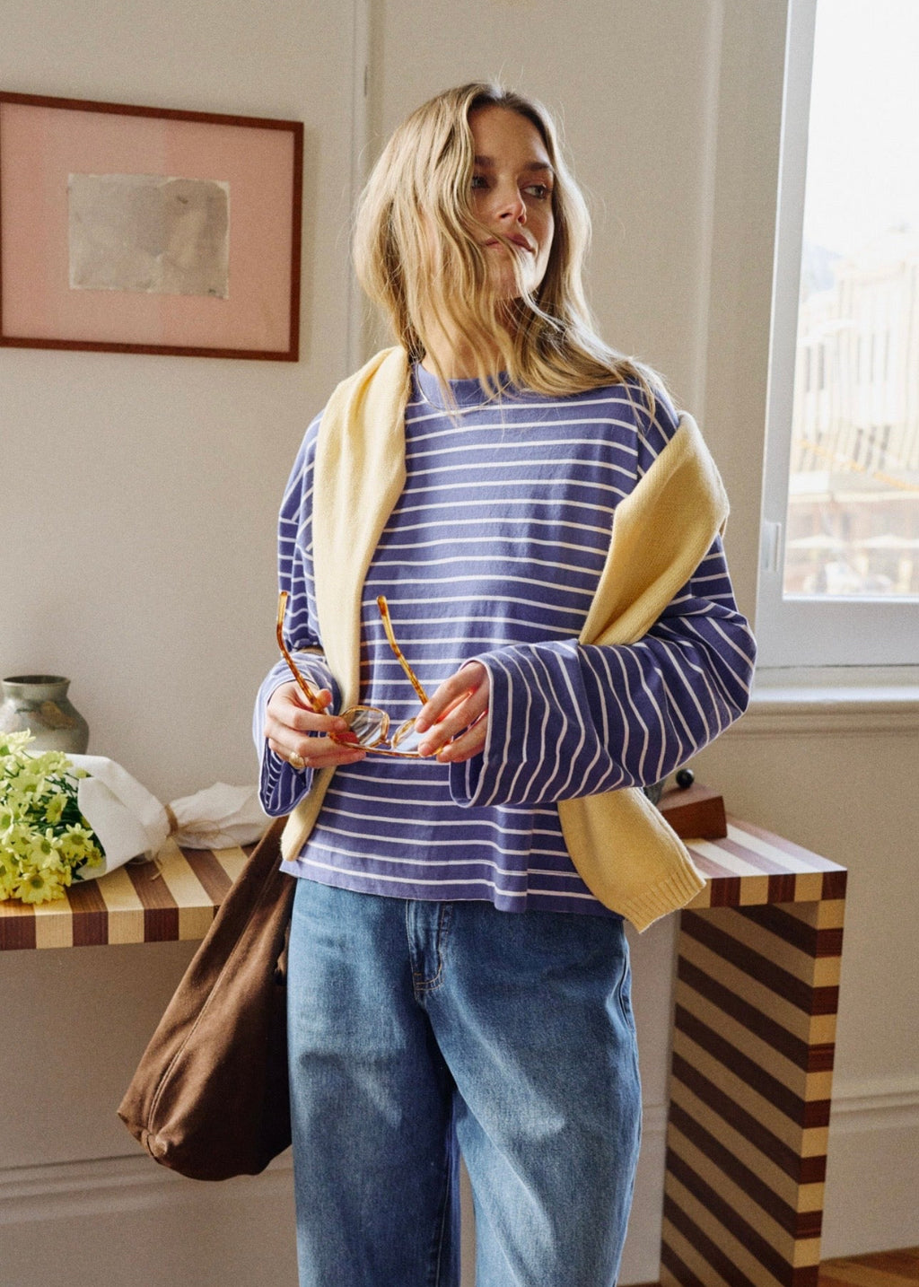 Beau Long Sleeve Slouchy Tee ~ Polo Blue/White
