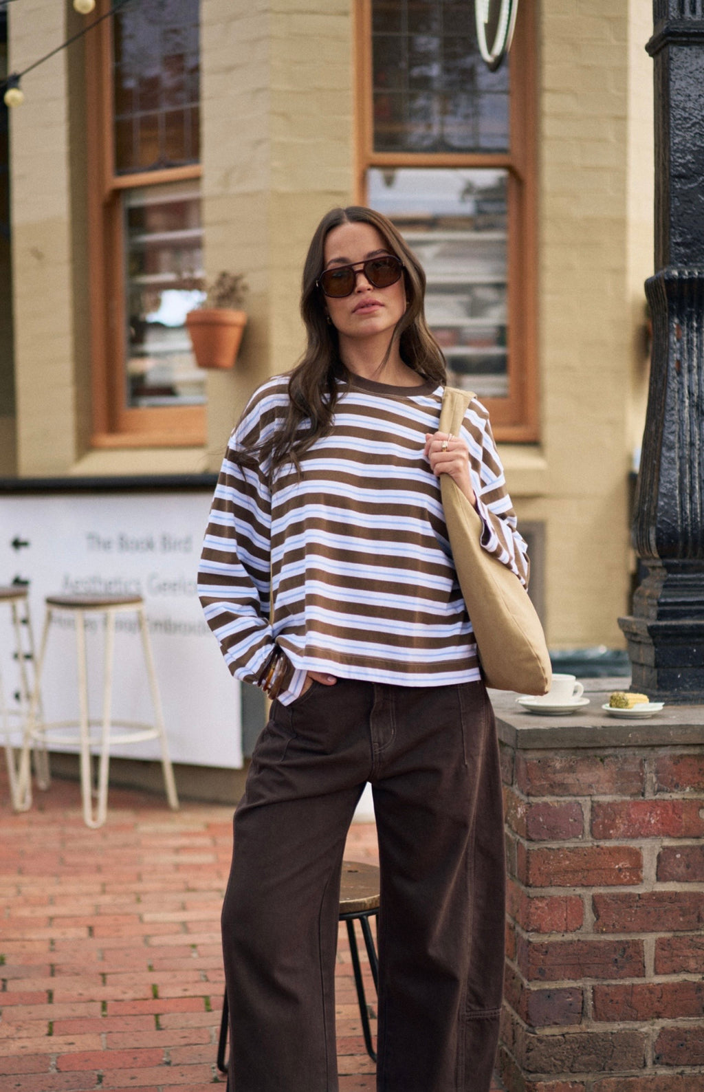 Beau Long Sleeve Slouchy Tee ~ Cocoa Sky Blue Stripe