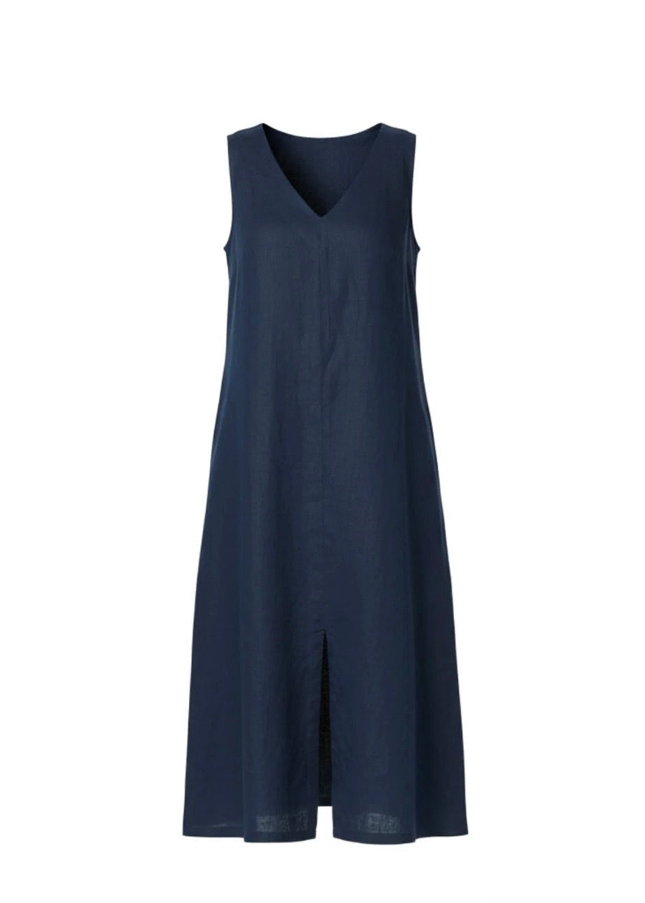 Ava Linen V-neck Dress ~ Navy