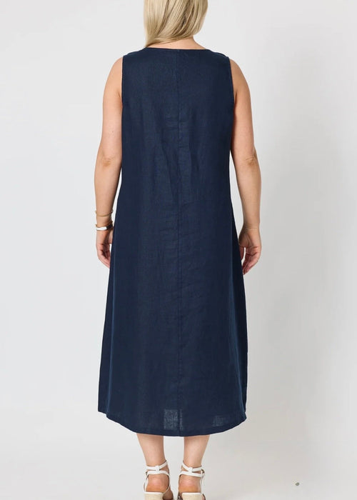 Ava Linen V-neck Dress ~ Navy