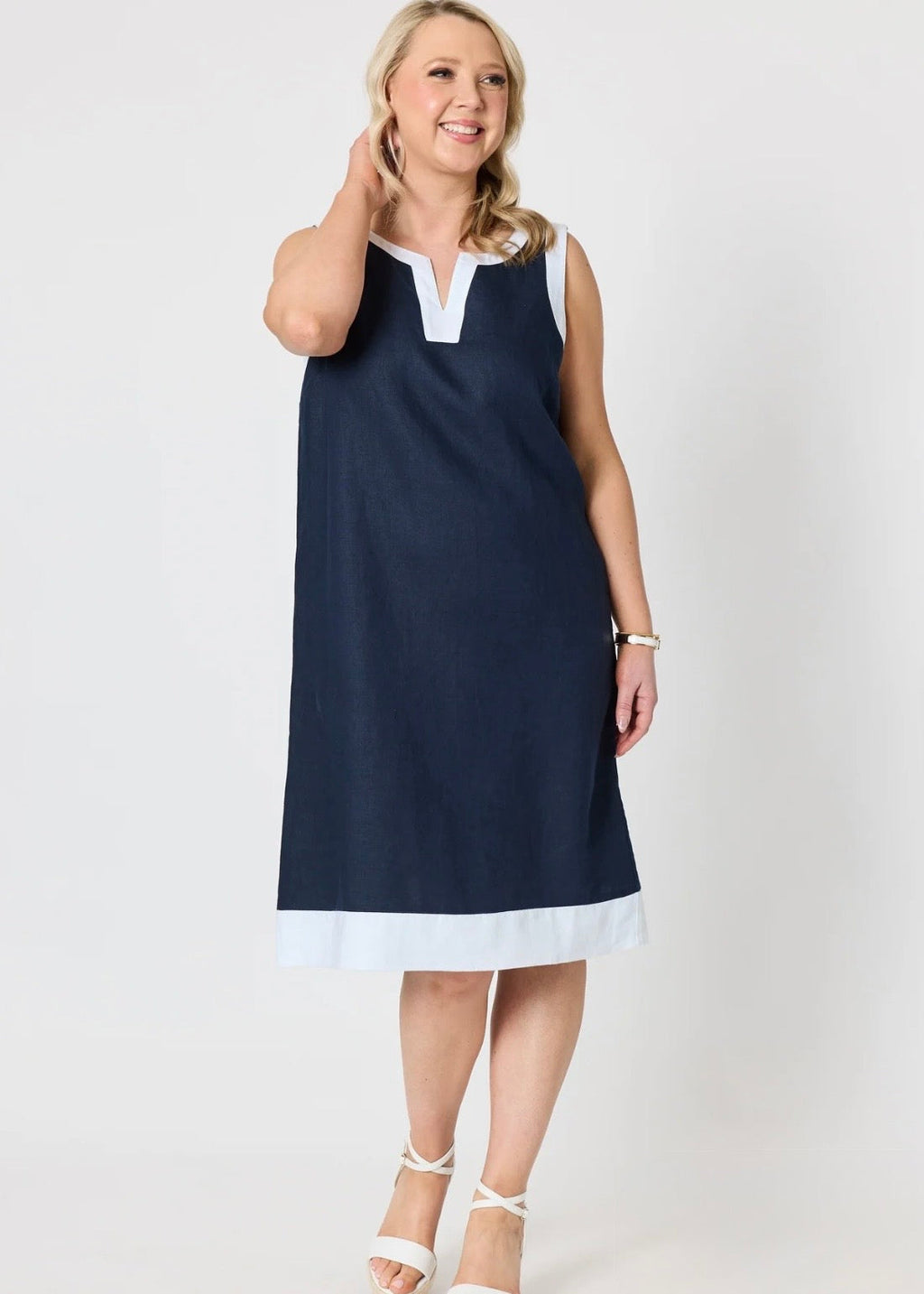 Chloe Contrast Linen Dres ~ Navy/White