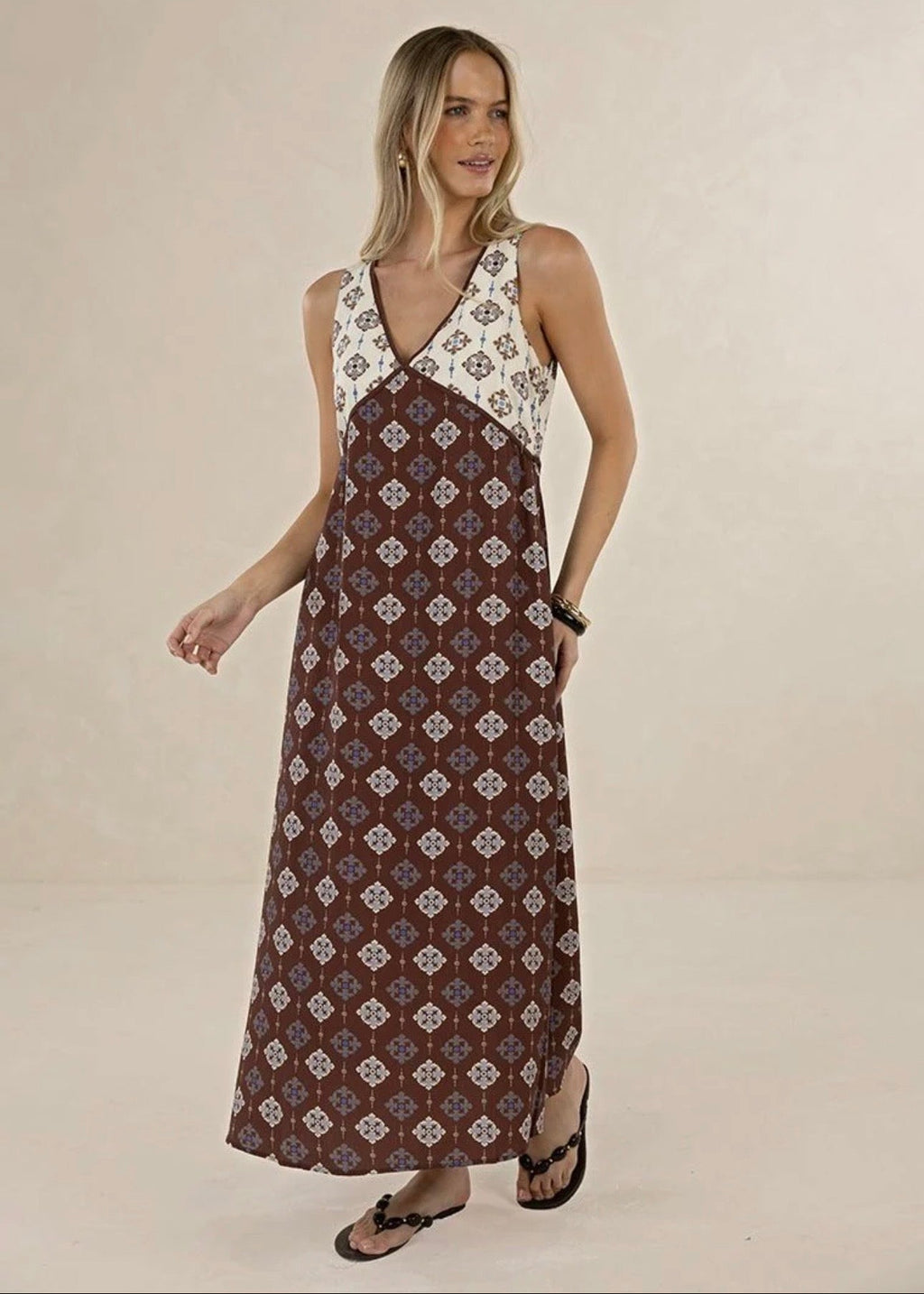 Vintage Tales Maxi Dress ~ Choc/Cream