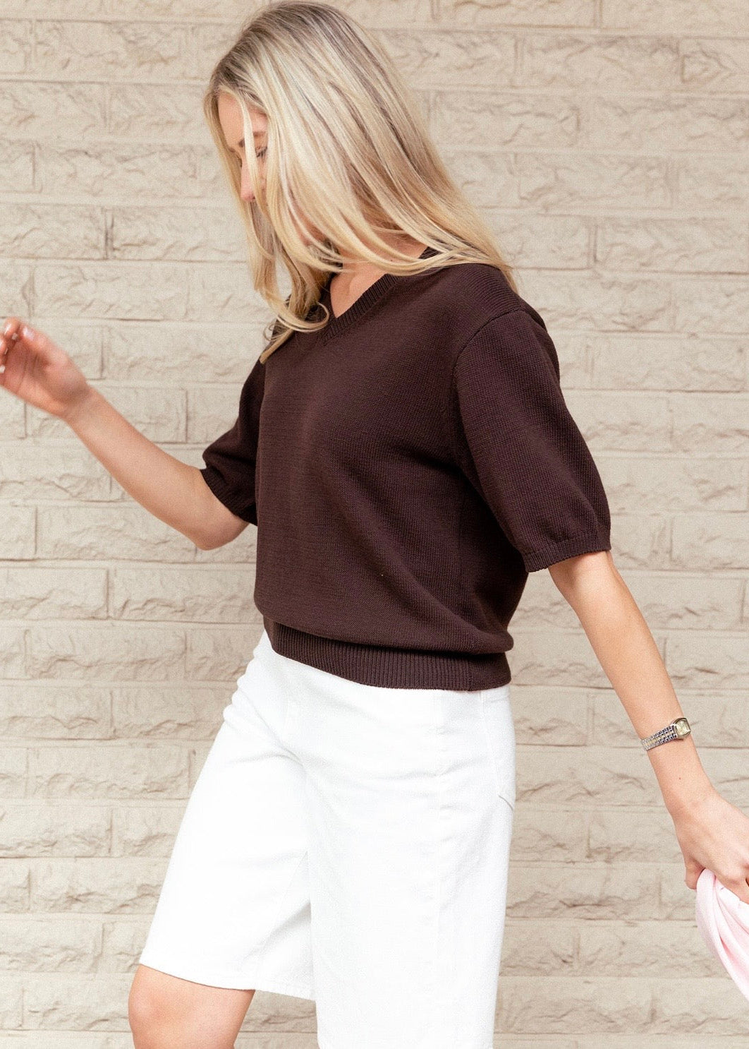 Lila Short Sleeve V Knit ~ Chocolate