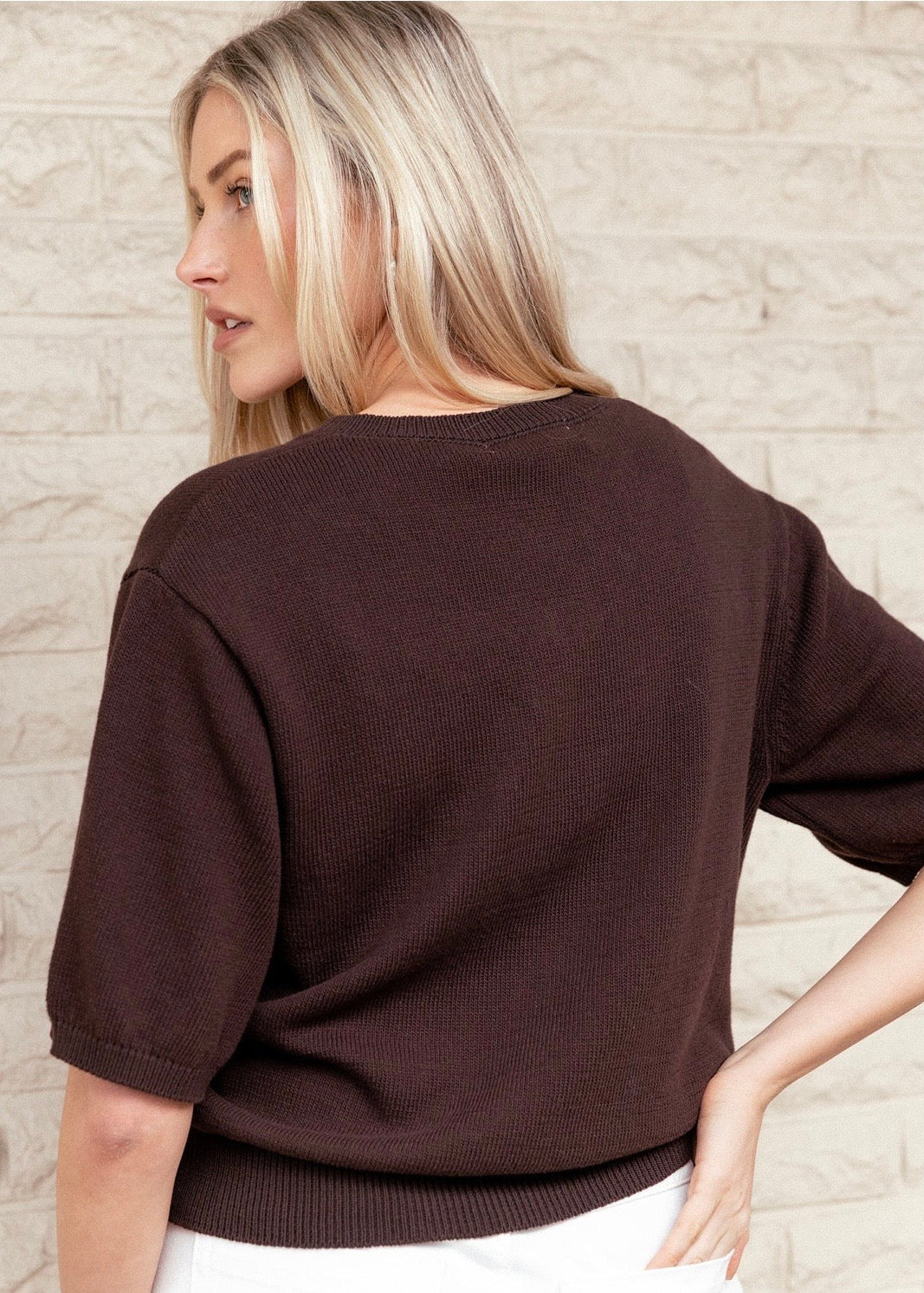 Lila Short Sleeve V Knit ~ Chocolate