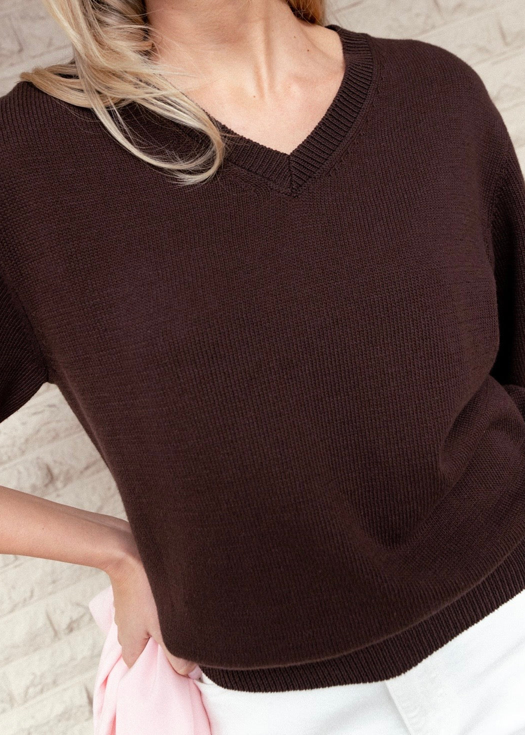 Lila Short Sleeve V Knit ~ Chocolate