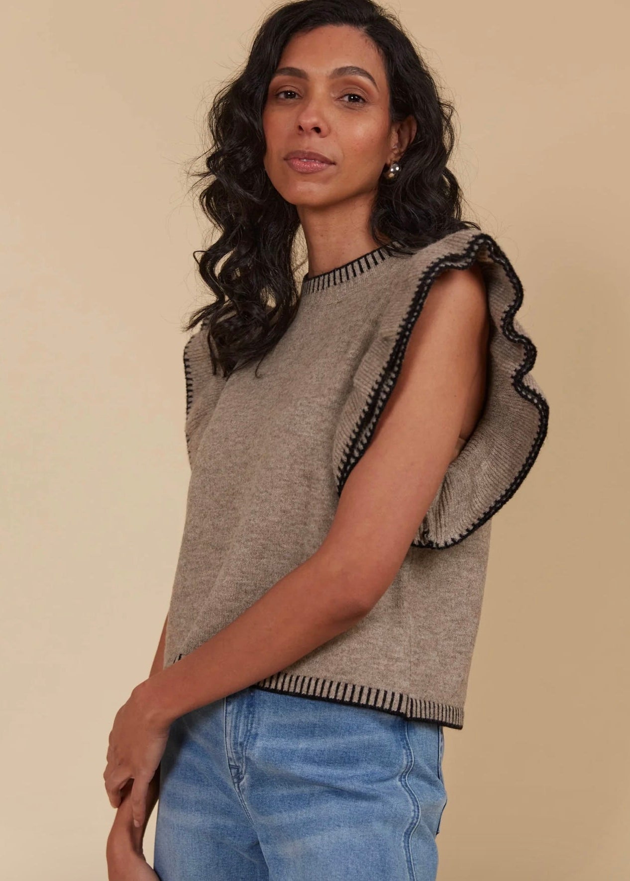Athena Frill Top ~ Taupe