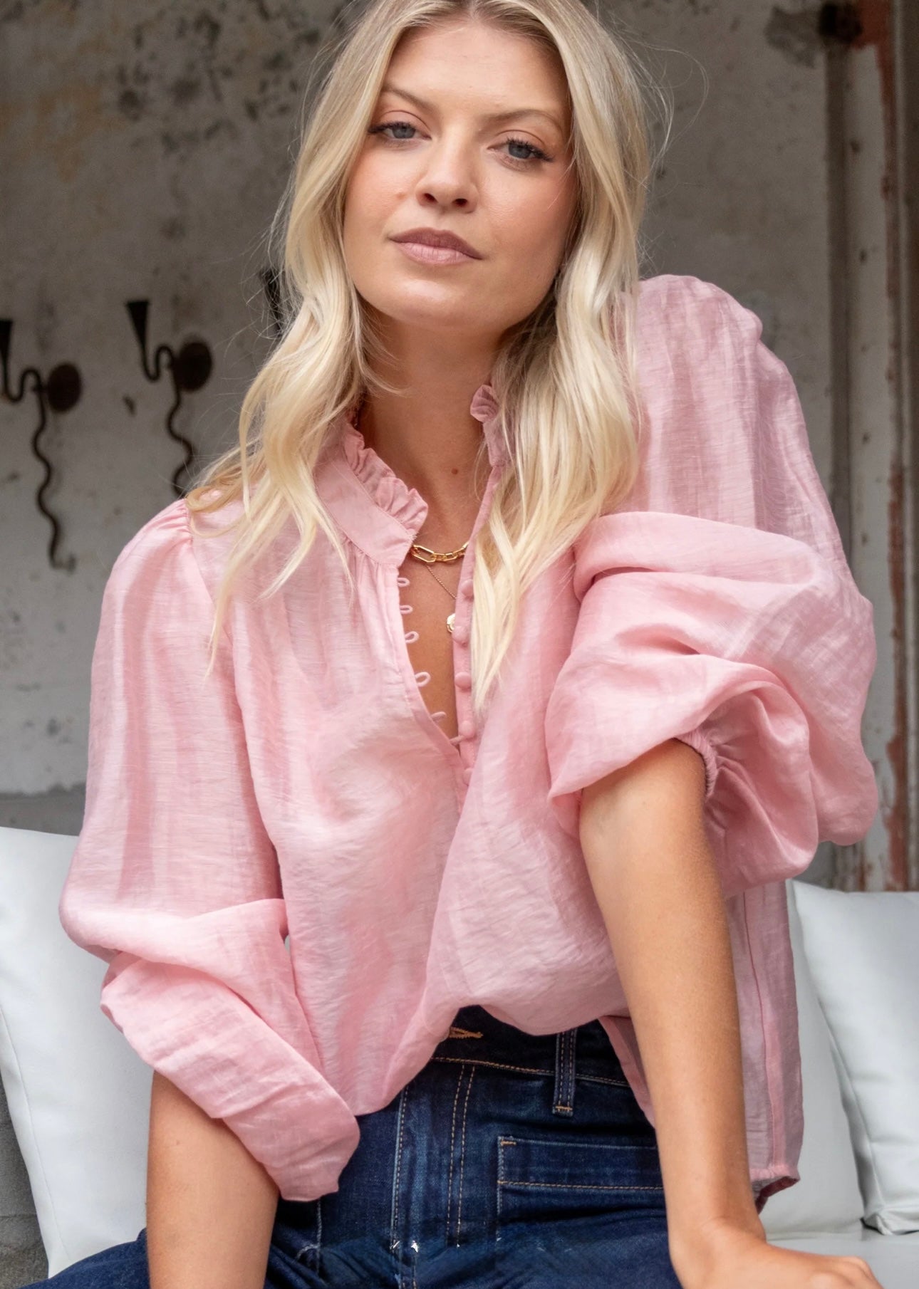 Premise Button Front Blouse ~ Blush Pink