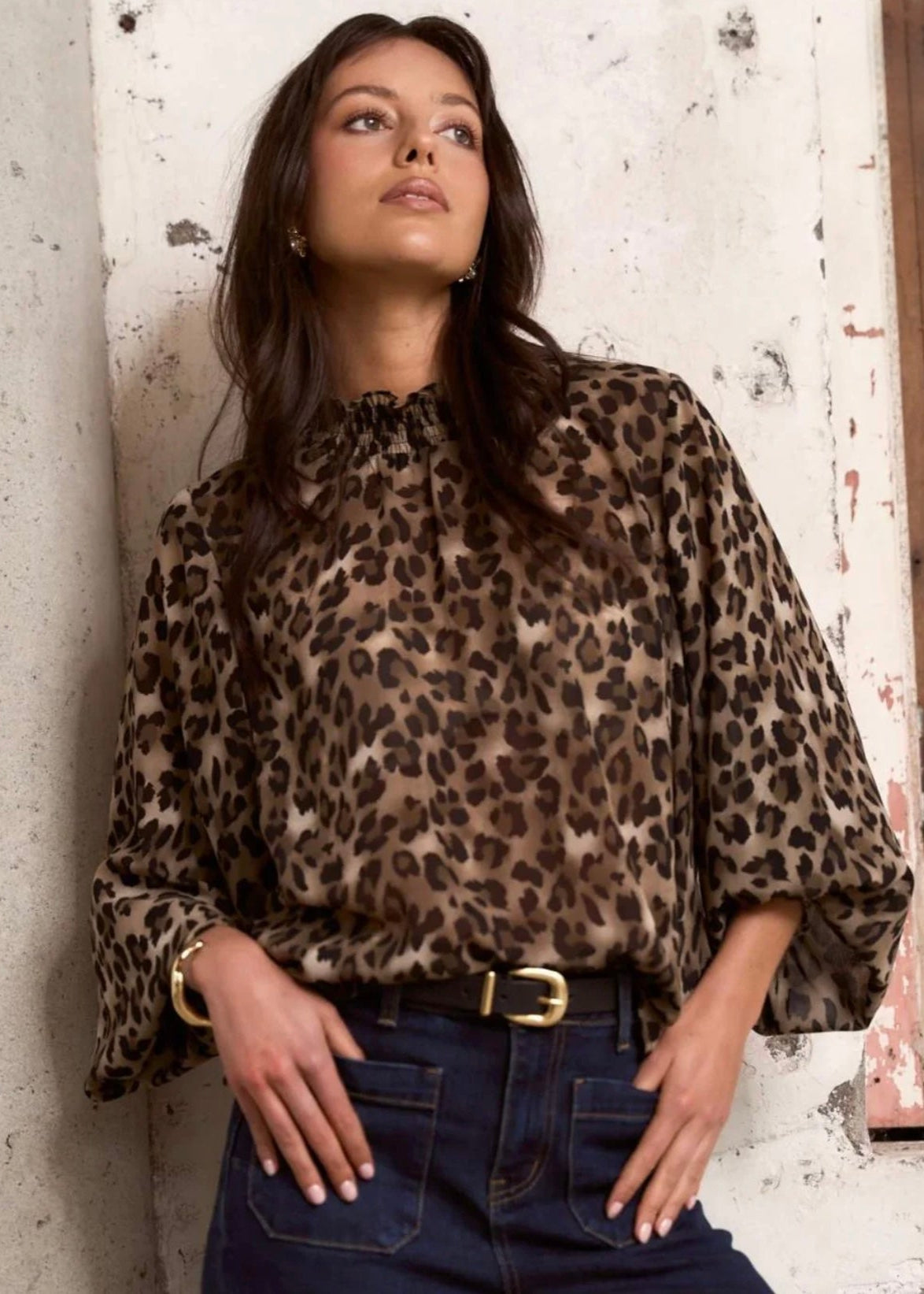 Embrace Georgette High Neck LS Top ~ Leopard