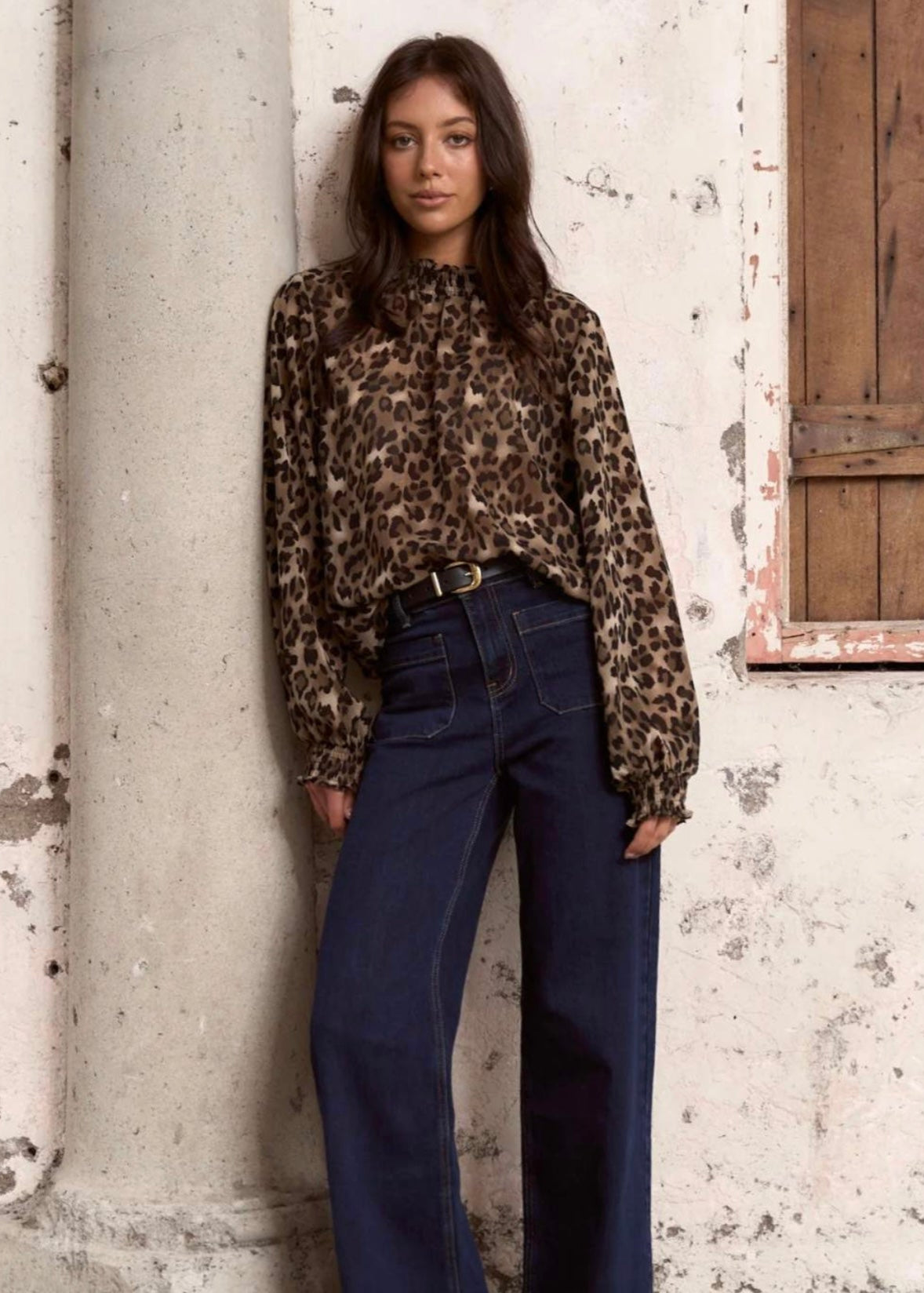 Embrace Georgette High Neck LS Top ~ Leopard