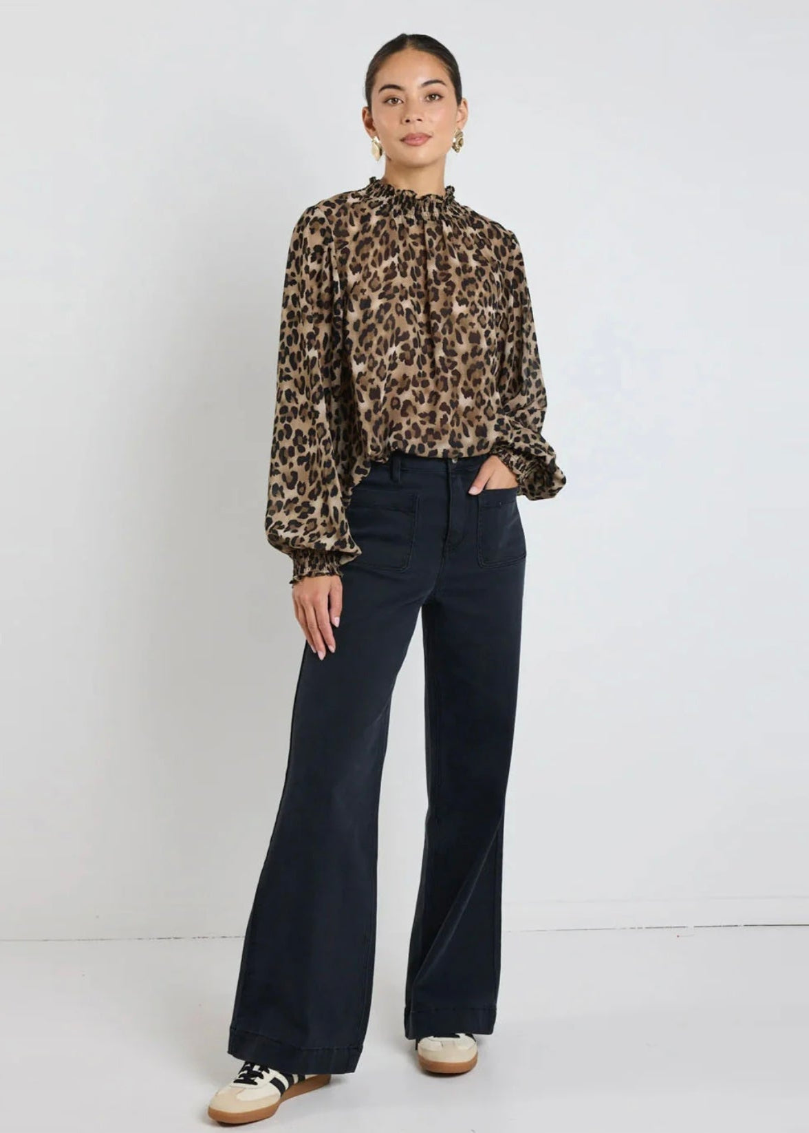 Embrace Georgette High Neck LS Top ~ Leopard