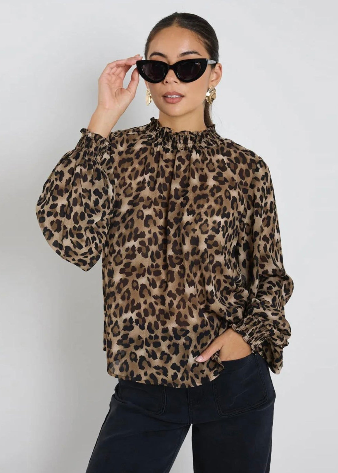 Embrace Georgette High Neck LS Top ~ Leopard