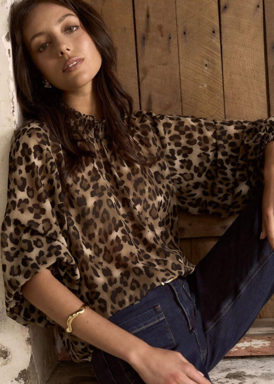 Embrace Georgette High Neck LS Top ~ Leopard