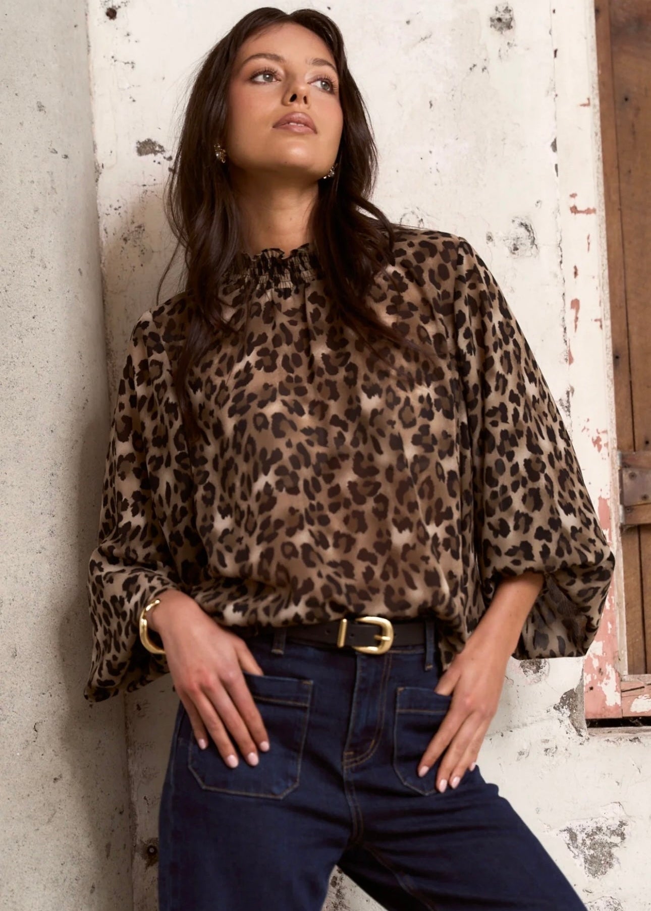 Embrace Georgette High Neck LS Top ~ Leopard