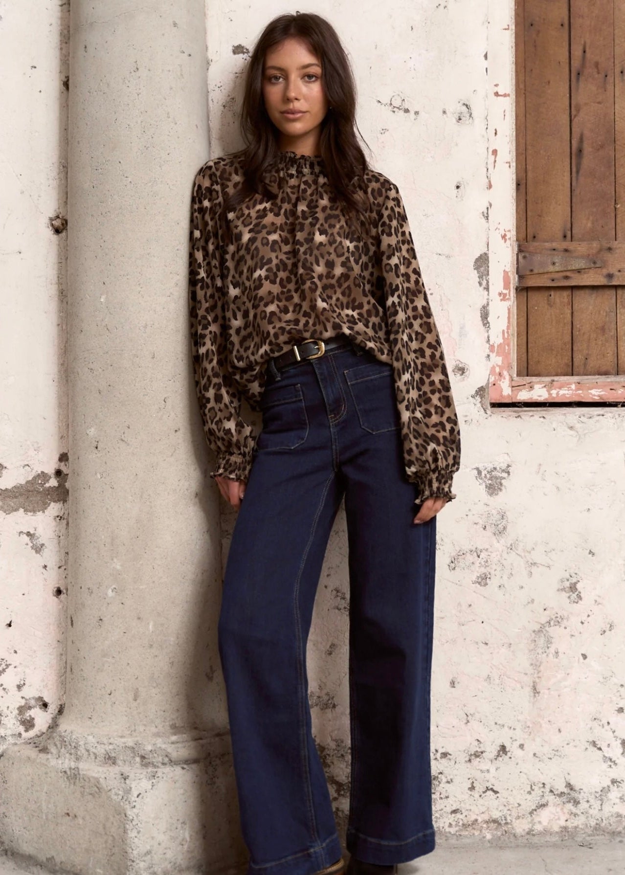 Embrace Georgette High Neck LS Top ~ Leopard