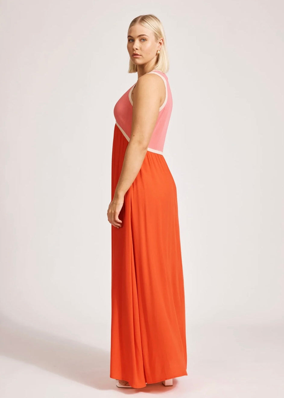 Alegria Spliced Maxi Dress ~ Cameo/Coral