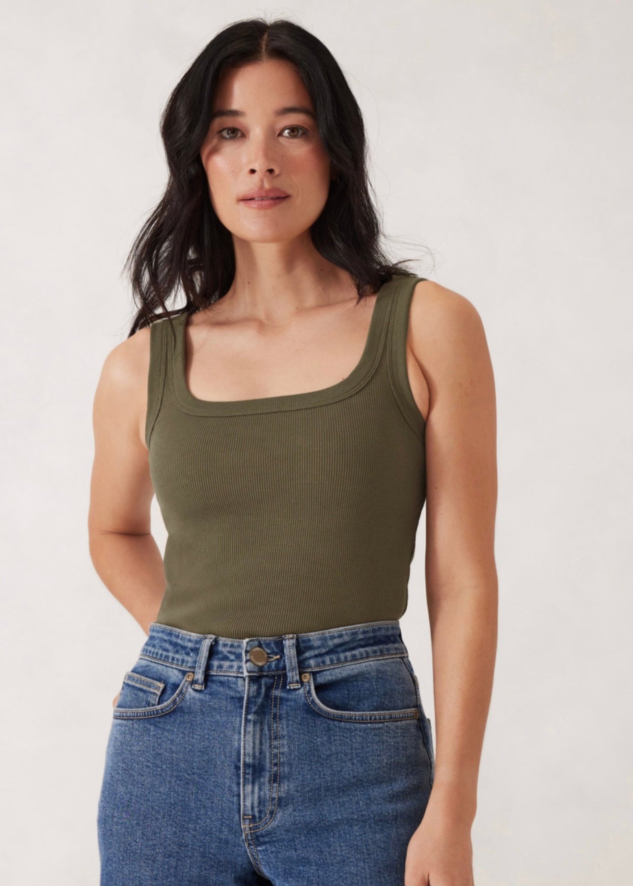 Zaeli Contour Rib Square Neck Tank ~ Soft Olive