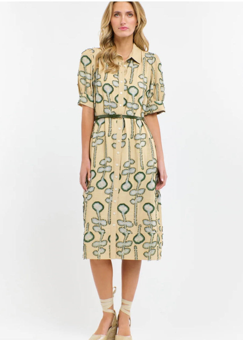 Eden Embroidered Dress ~ Sand/Green