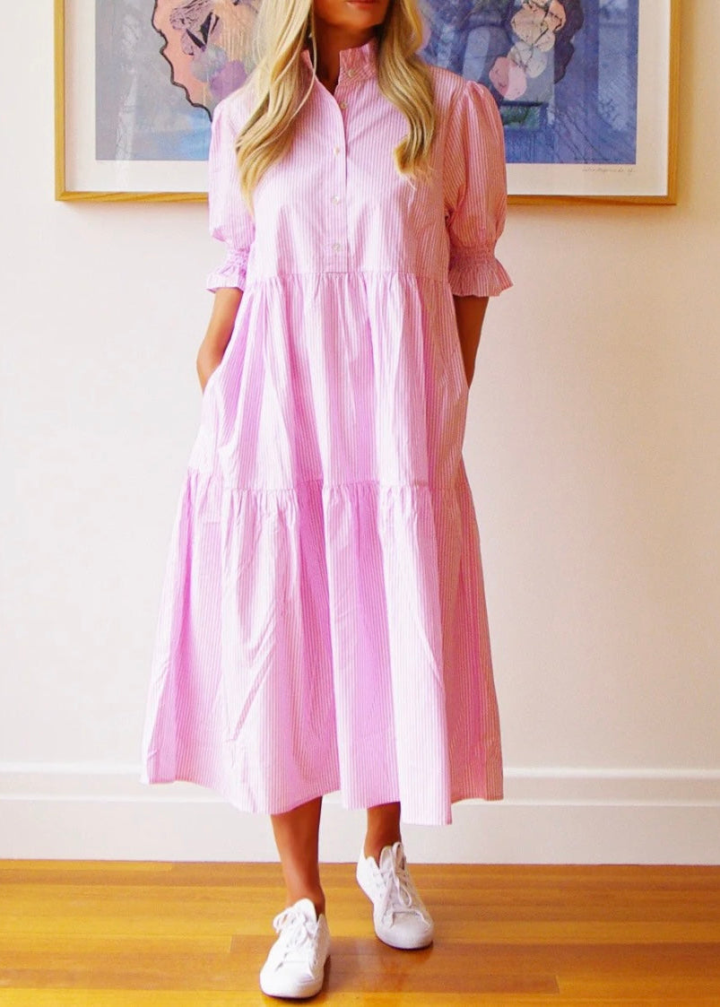 Lottie Dress ~ Pink White Stripe