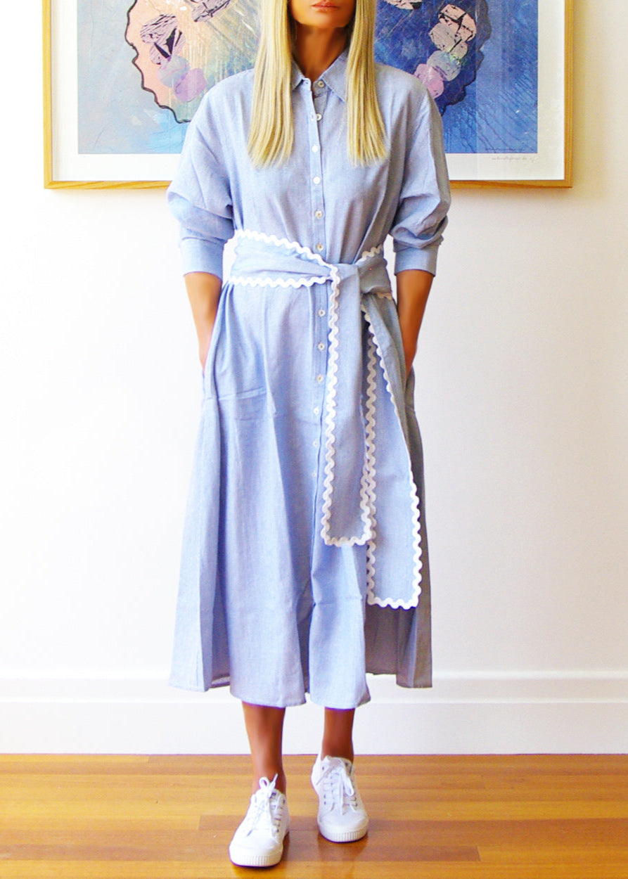 Lillie Dress ~ Fine Stripe Pale Blue & White