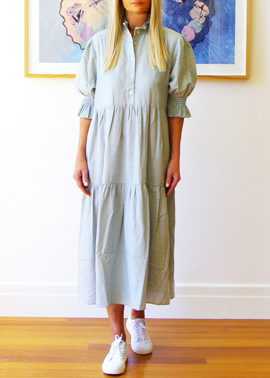 Lottie Dress ~ Fine Stripe Green &amp; White